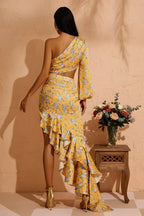 One-Shoulder Floral Print Cutout Ruffle Hem Midi Dress