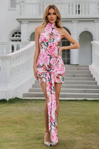 Floral Print Halter Neck Mini Dress with Front Drape Knot
