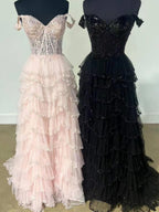 Robe de bal glamour champagne à corset perlé à volants superposés avec fente