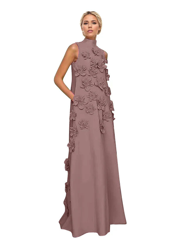 A Line High Neck Sleeveless Floor Length Stretch Crepe Dress With 3D Flowers