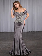 Evening Dress Grey One Shoulder Embroidery Mermaid Dress