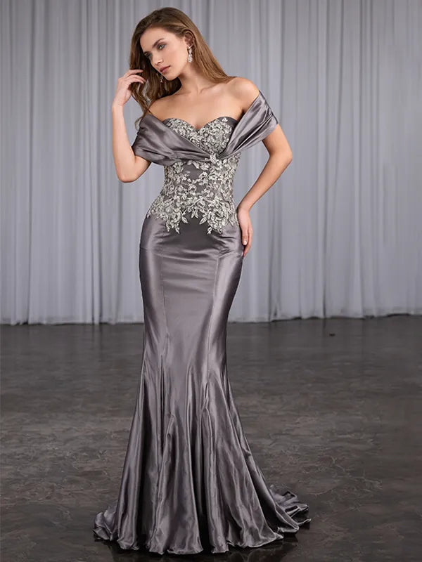 Evening Dress Grey One Shoulder Embroidery Mermaid Dress