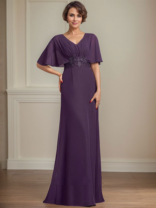 Vestido de madre de la novia en línea A de gasa con escote en V, largo hasta el suelo, con apliques plisados de lentejuelas y encaje