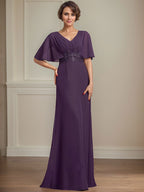 Vestido de madre de la novia en línea A de gasa con escote en V, largo hasta el suelo, con apliques plisados de lentejuelas y encaje