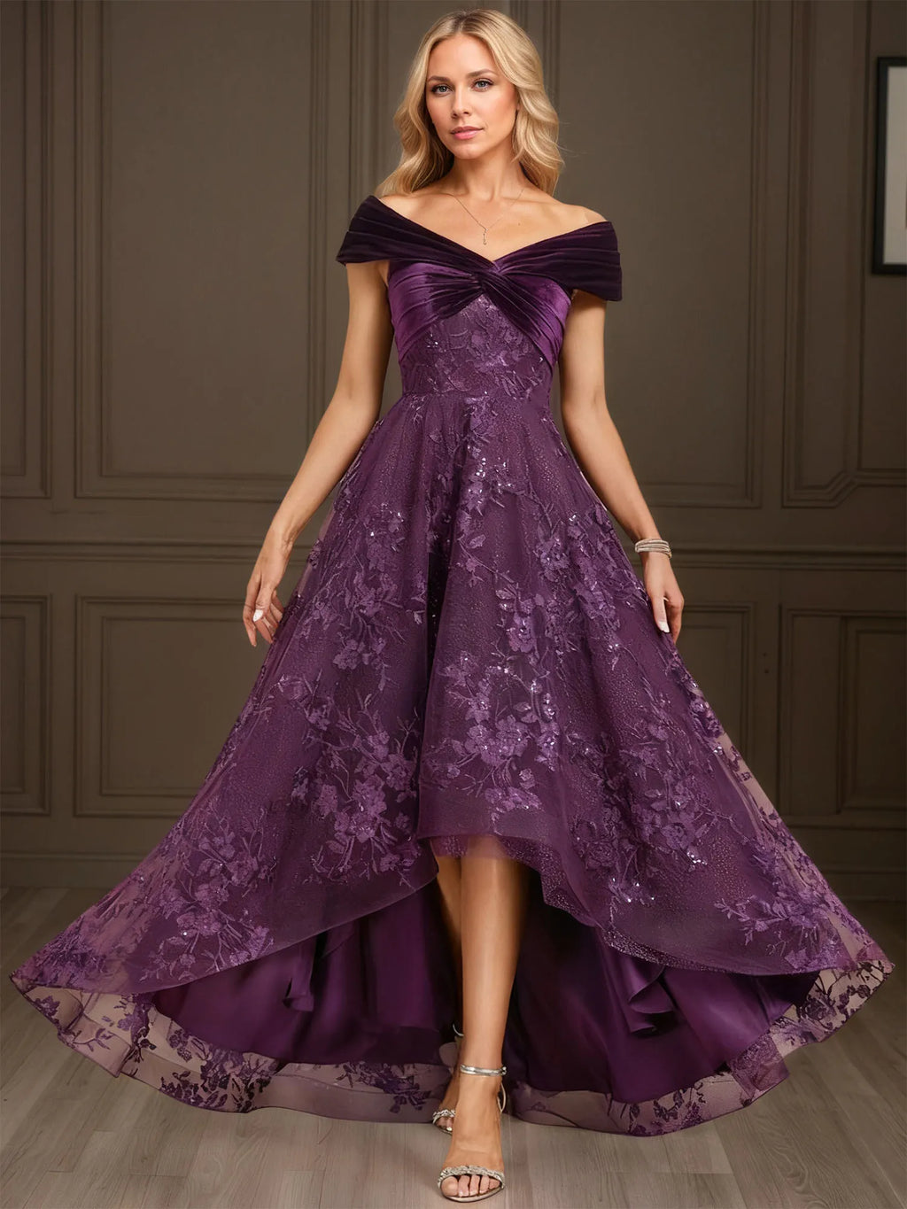 A-line Off the Shoulder Asymmetrical Velvet Lace Evening Dress With Pleated Sequins