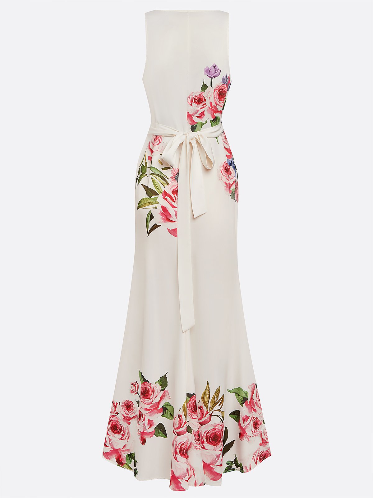 Vestido rosa com estampa floral, decote em V cruzado, sem mangas, estilo sereia