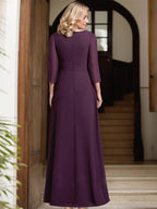 Vestido de madre de la novia línea A con escote en V, largo hasta el suelo, chiffon plisado y bordado
