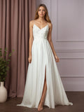 Weißes A-Linien Spitzen Chiffon Hochzeitskleid