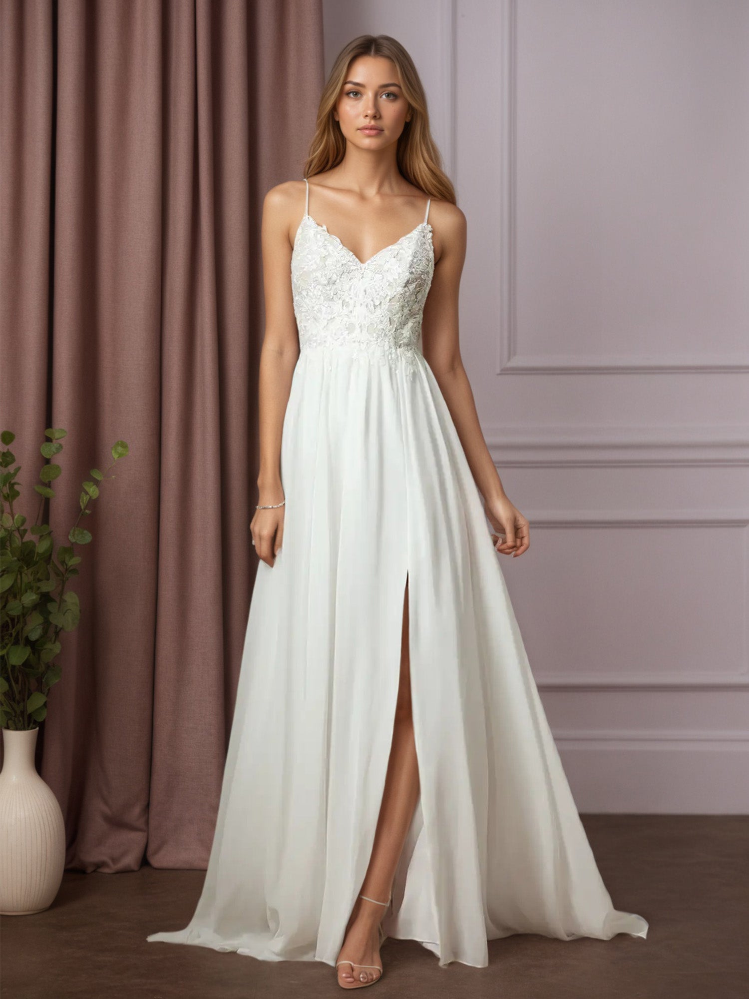 Weißes A-Linien Spitzen Chiffon Hochzeitskleid