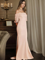 Off-Shoulder Half-Sleeve Beaded Mermaid Maxi Gown Formal Evening Dress
