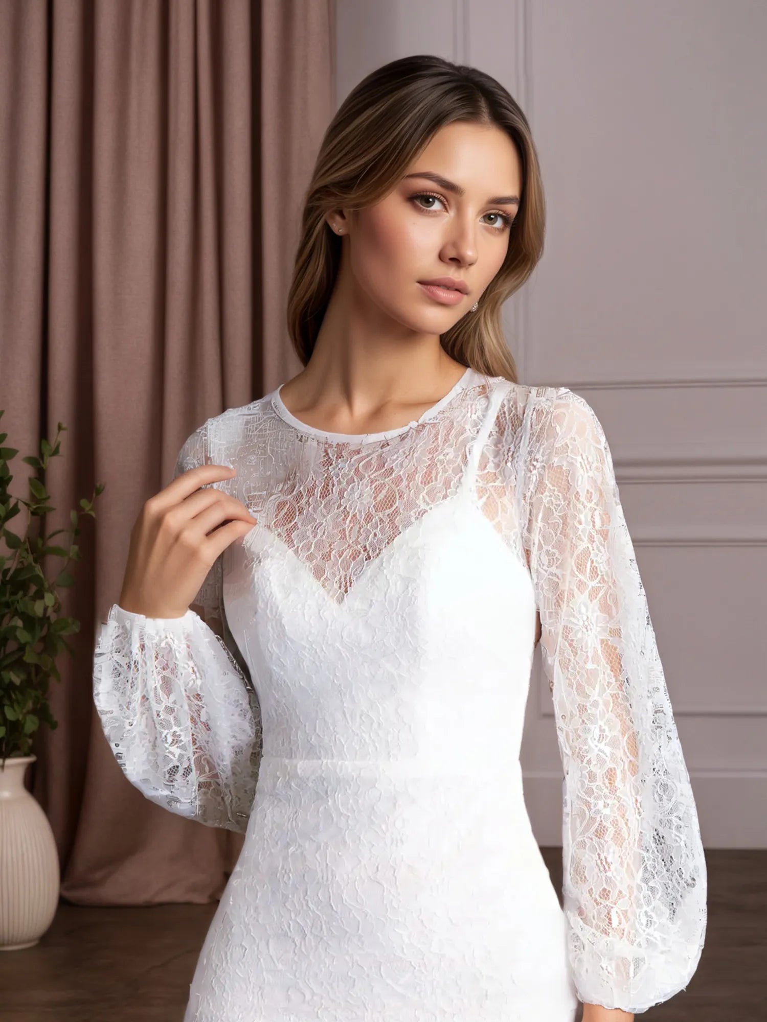 Vestido de novia blanco sirena con escote redondo y encaje