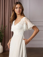 Weißes A-Linien V-Ausschnitt Spitzen Chiffon Hochzeitskleid
