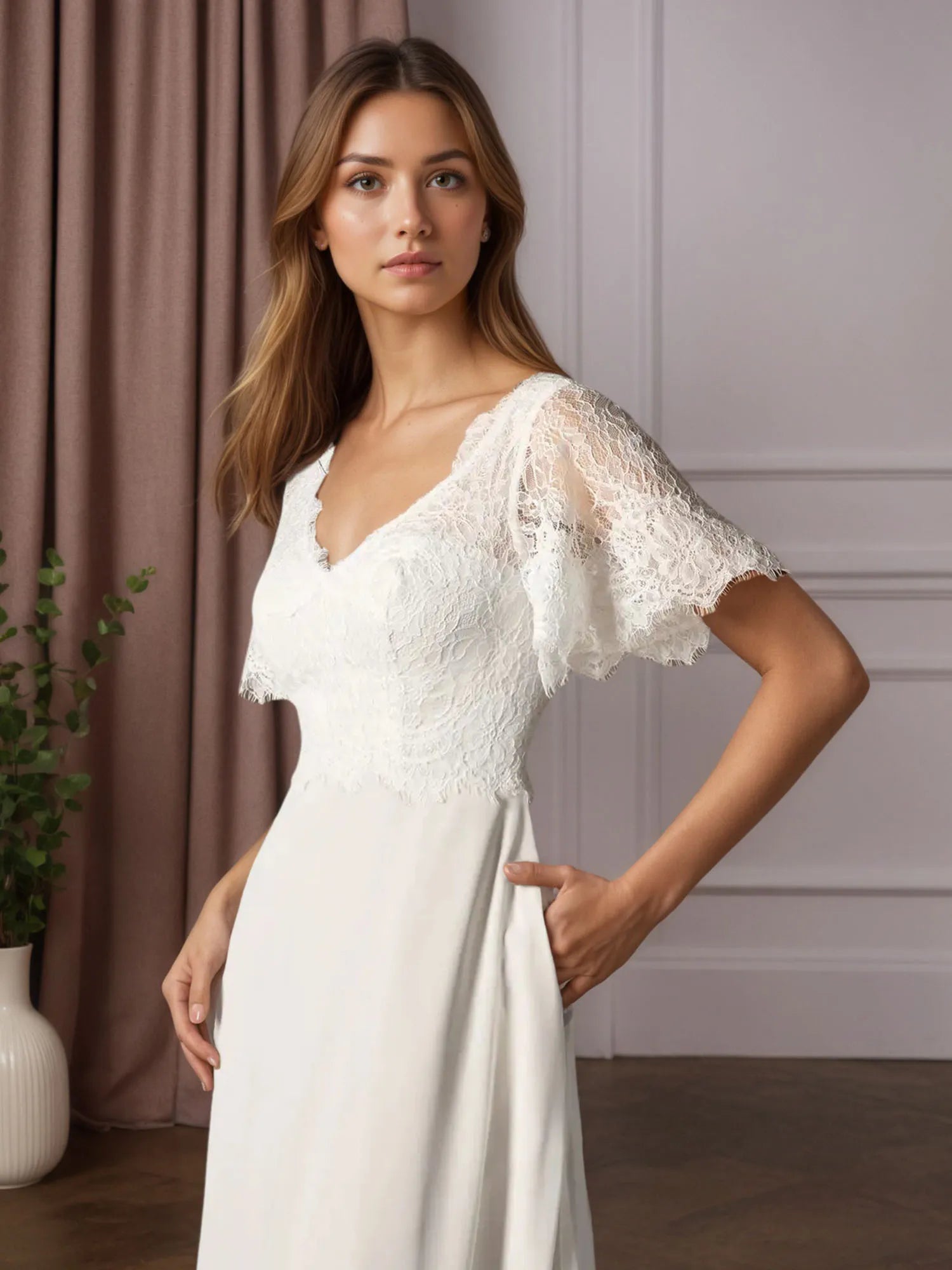 Weißes A-Linien V-Ausschnitt Spitzen Chiffon Hochzeitskleid