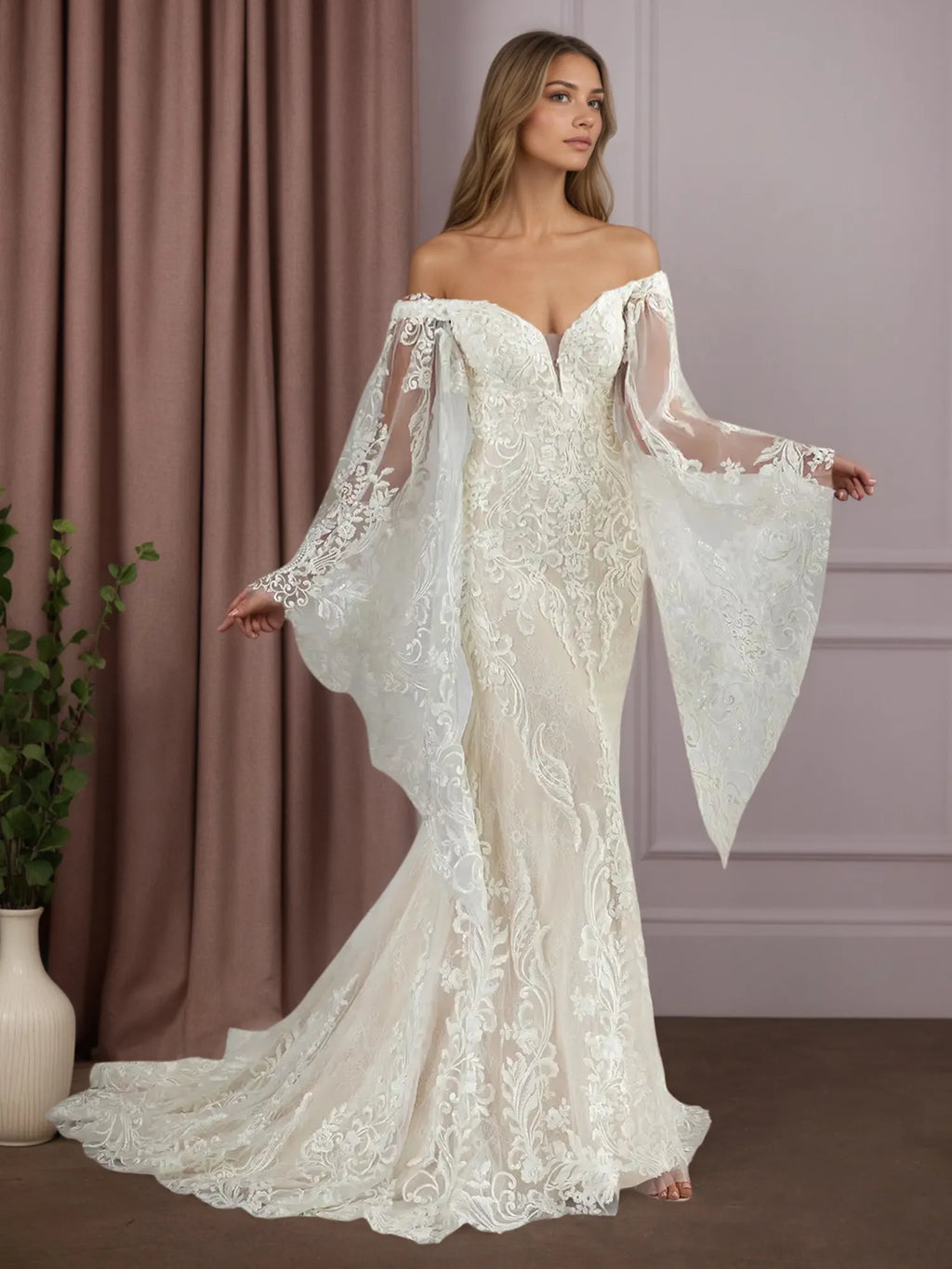 Abito da sposa sirena bianco champagne con scollo a V, paillettes e pizzo