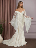Abito da sposa sirena bianco champagne con scollo a V, paillettes e pizzo