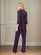 Mono/traje pantalón para madre de la novia, escote redondo, mangas 3/4 y chiffon