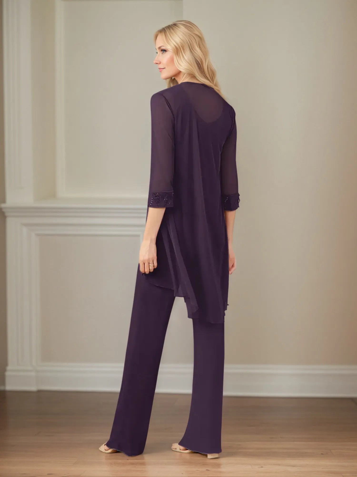 Mono/traje pantalón para madre de la novia, escote redondo, mangas 3/4 y chiffon