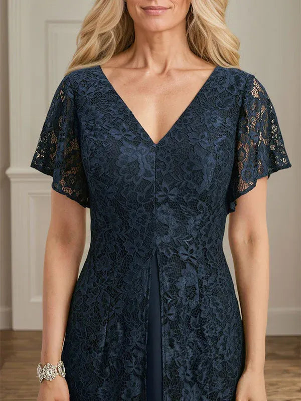 A-Linien V-Ausschnitt tea-langes Spitzen-Chiffon-Mutter-der-Braut-Kleid