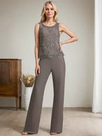 Conjunto de mono/pantalón separado de madre de la novia con encaje de gasa hasta el suelo, escote redondo y adornos de cuentas y lentejuelas