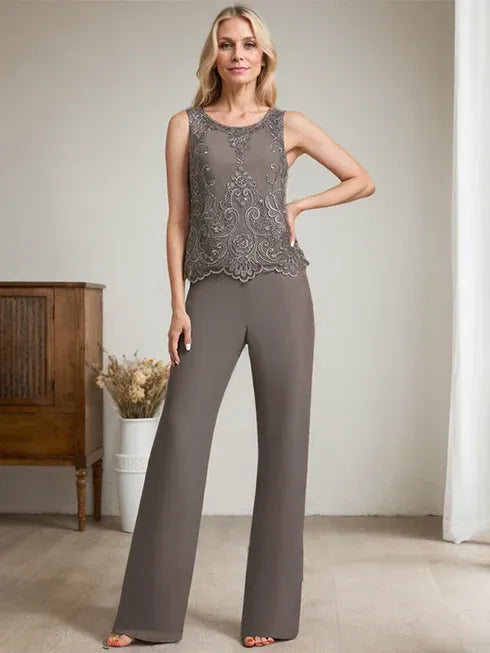Conjunto de mono/pantalón separado de madre de la novia con encaje de gasa hasta el suelo, escote redondo y adornos de cuentas y lentejuelas