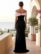 Vestidos de noche negros de satén con escote off the shoulder, corte sirena y cola