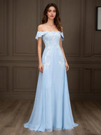 Elegantes schulterfreies Chiffon-Etuikleid lang Mutter der Braut mit Spitzenapplikationen