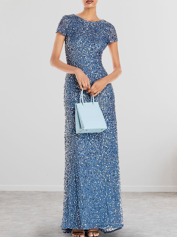 Vestido largo para madre de la novia azul polvo con lentejuelas y escote redondo ajustado
