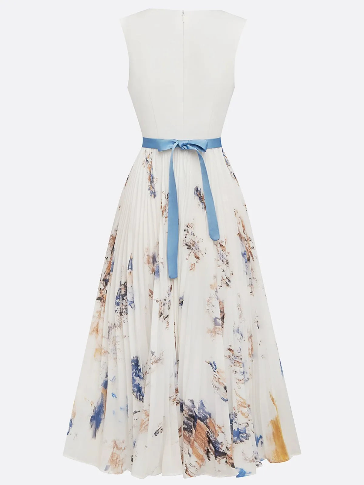 Abito midi bianco in chiffon plissettato con motivi floreali, scollo a V e senza maniche, linea a trapezio