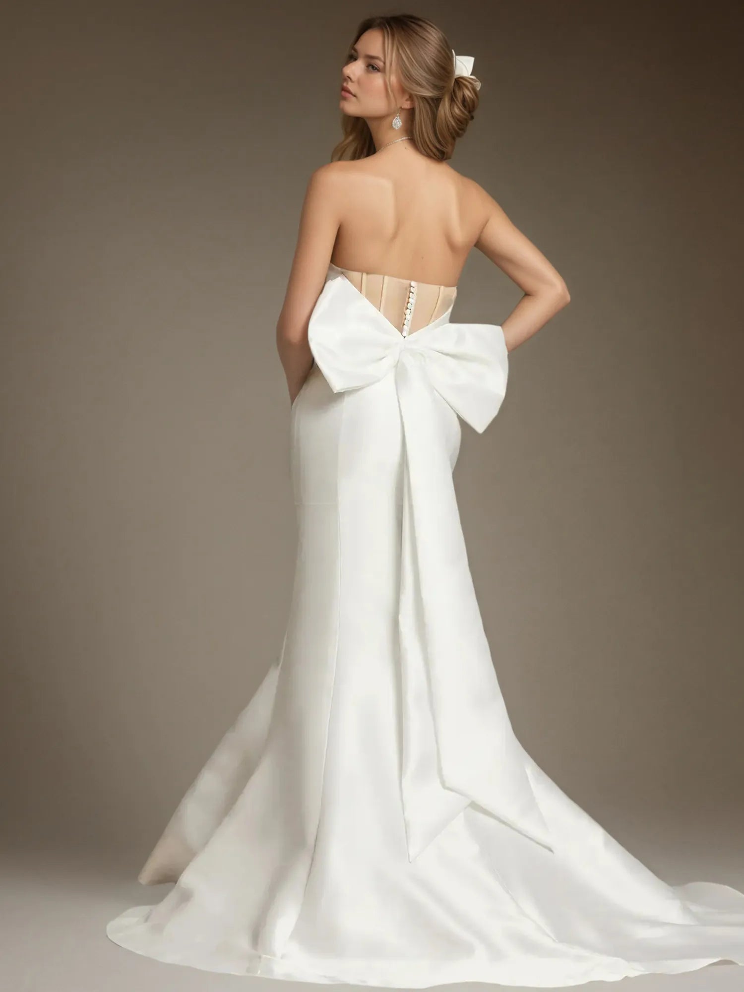 Vestido de novia blanco sirena sin tirantes con lazo