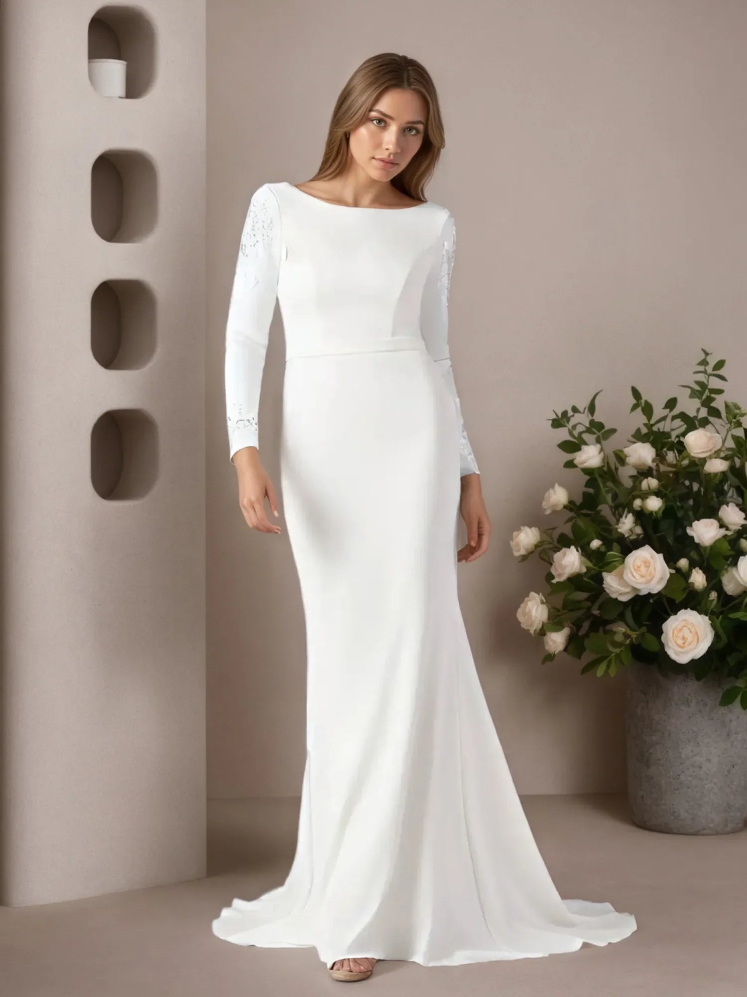 Abito da sposa bianco a sirena in crepe elasticizzato con scollo a goccia e paillettes