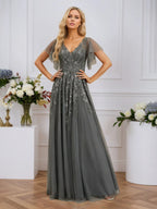 A-line V-Neck Floor-Length Tulle Lace Evening Dress With Sequins