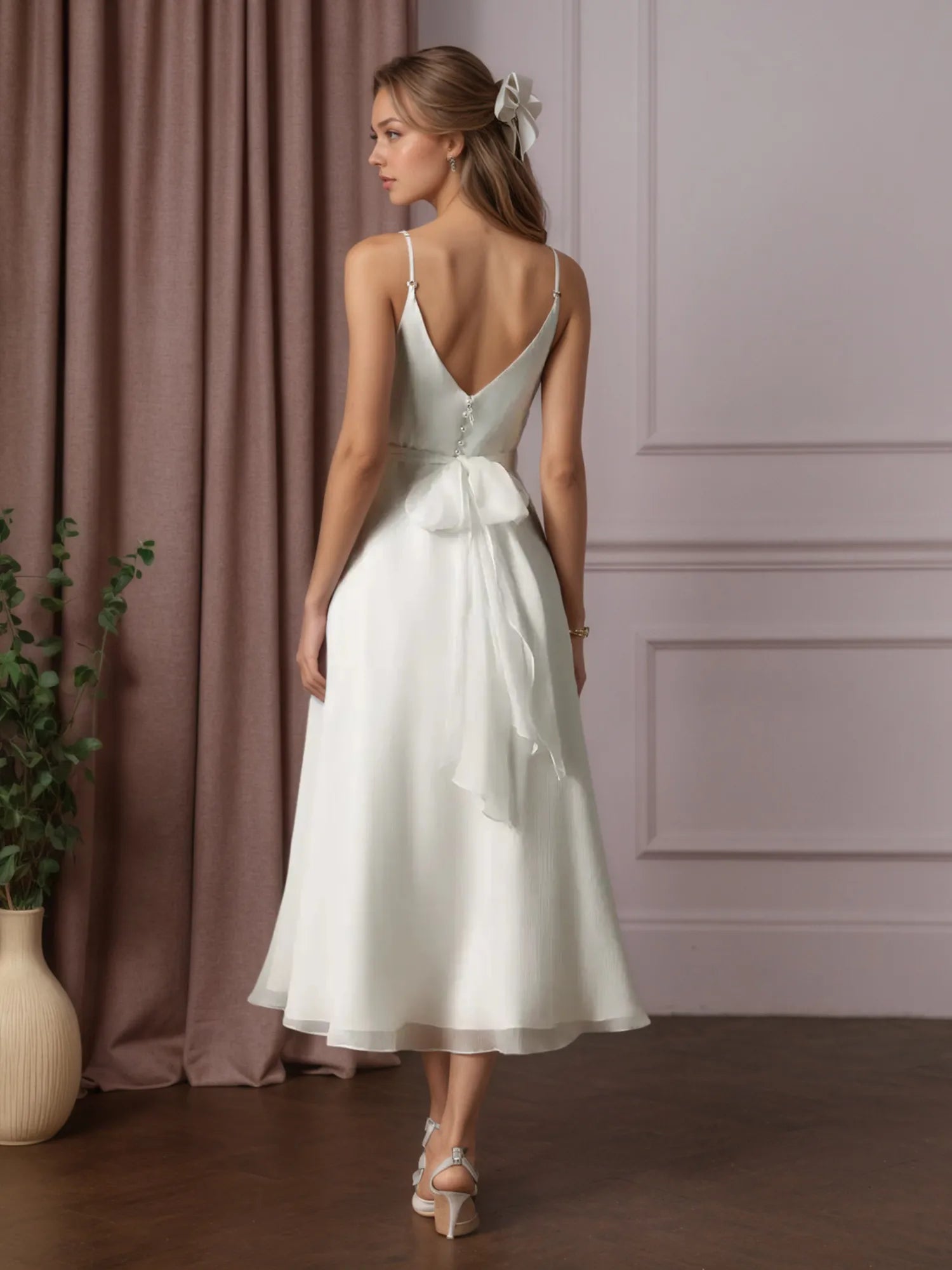 Weißes A-Linien V-Ausschnitt plissiertes knitterfreies Chiffon Hochzeitskleid