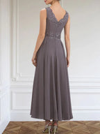 A-Linien Kleid mit V-Ausschnitt, knöchellang, aus Chiffon, Mutter der Braut Kleid mit Pailletten, Applikationen, Spitze und Perlenbesatz