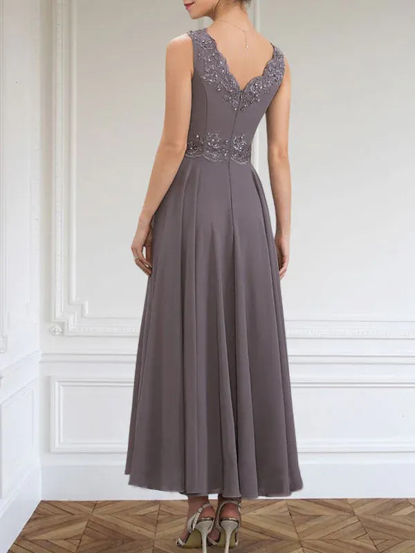A-Linien Kleid mit V-Ausschnitt, knöchellang, aus Chiffon, Mutter der Braut Kleid mit Pailletten, Applikationen, Spitze und Perlenbesatz