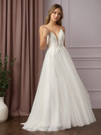 Abito bianco a linea A con scollo a V, paillettes e tulle senza maniche