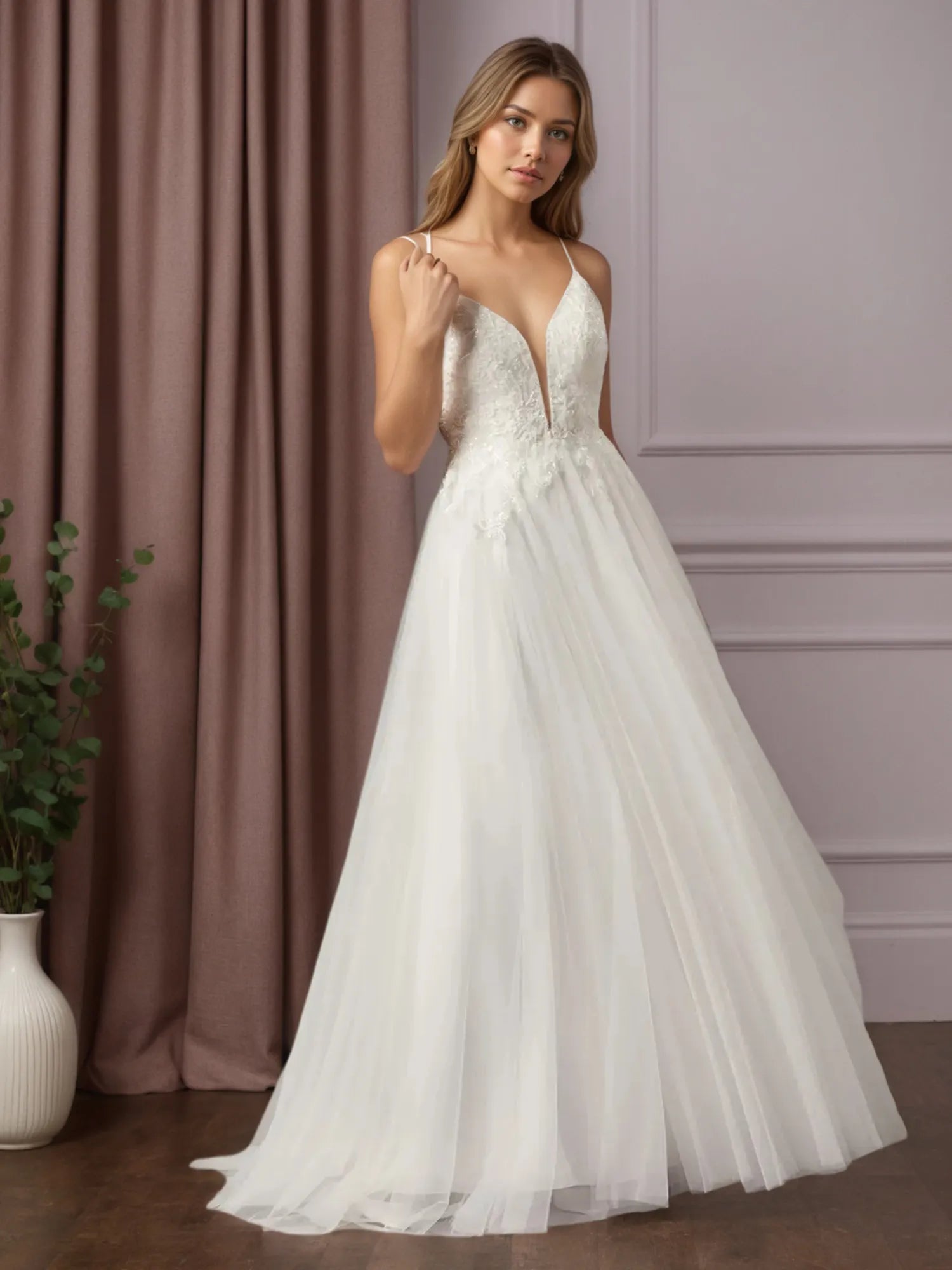 Abito bianco a linea A con scollo a V, paillettes e tulle senza maniche