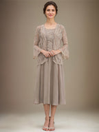 Vestido de mãe da noiva evasê, comprimento tea-length, em renda e chiffon com decote redondo e lantejoulas