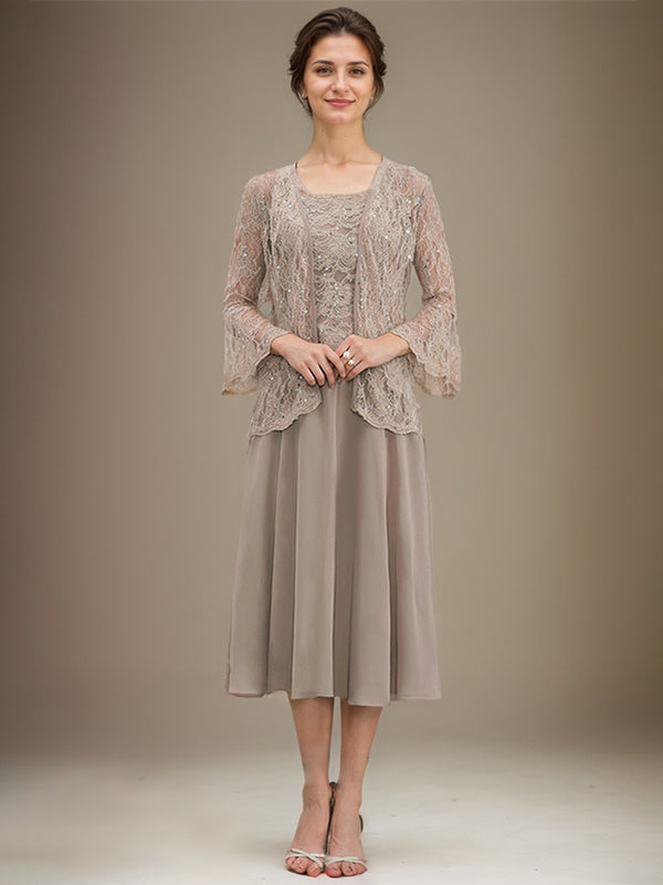 Vestido de mãe da noiva evasê, comprimento tea-length, em renda e chiffon com decote redondo e lantejoulas