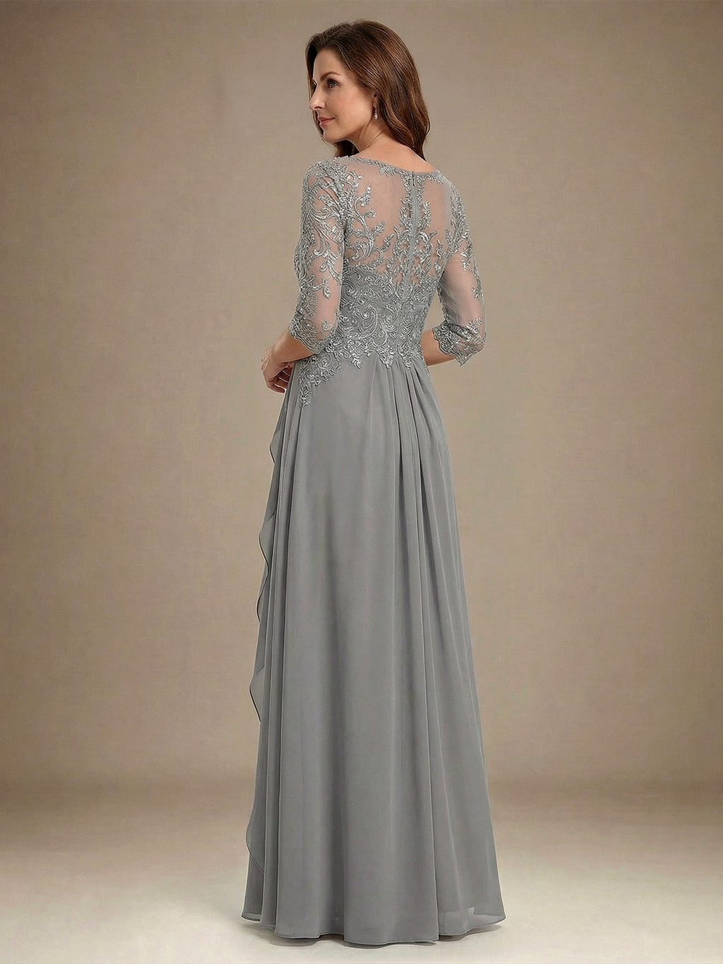 A-Linien Rundhals Illusions-Bodenlanges Chiffon-Spitzenkleid für die Mutter der Braut mit Perlen, Pailletten und Kaskaden-Rüschen