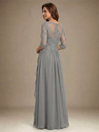 A-Linien Rundhals Illusions-Bodenlanges Chiffon-Spitzenkleid für die Mutter der Braut mit Perlen, Pailletten und Kaskaden-Rüschen