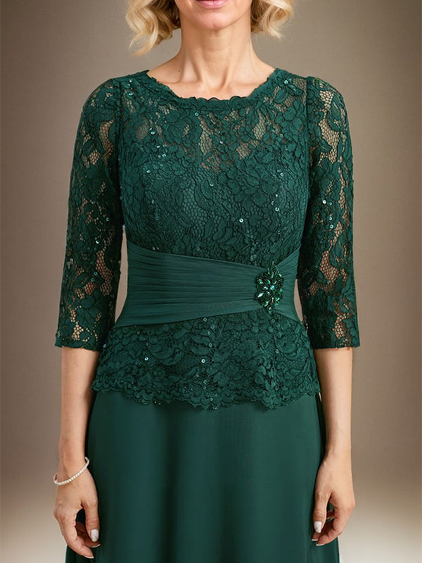 A-Linien Kleid mit Scoop-Ausschnitt, Illusion, bodenlangem Chiffon und Spitze, Mutter-der-Braut-Kleid mit plissierten Pailletten und Perlenbesatz