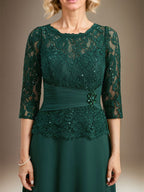 A-Linien Kleid mit Scoop-Ausschnitt, Illusion, bodenlangem Chiffon und Spitze, Mutter-der-Braut-Kleid mit plissierten Pailletten und Perlenbesatz