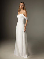 Abito da sposa bianco a linea ad A con scollo a barca e chiffon elasticizzato senza spalline