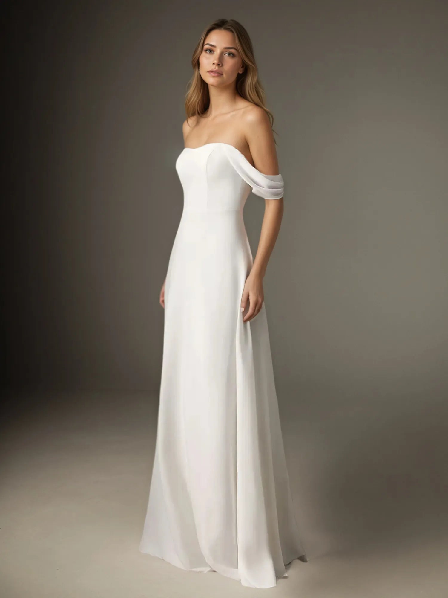 Abito da sposa bianco a linea ad A con scollo a barca e chiffon elasticizzato senza spalline