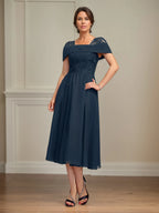 A-Linie Quadratischer Ausschnitt Tee-Länge Chiffon Brautmutterkleid mit Plissierten Pailletten
