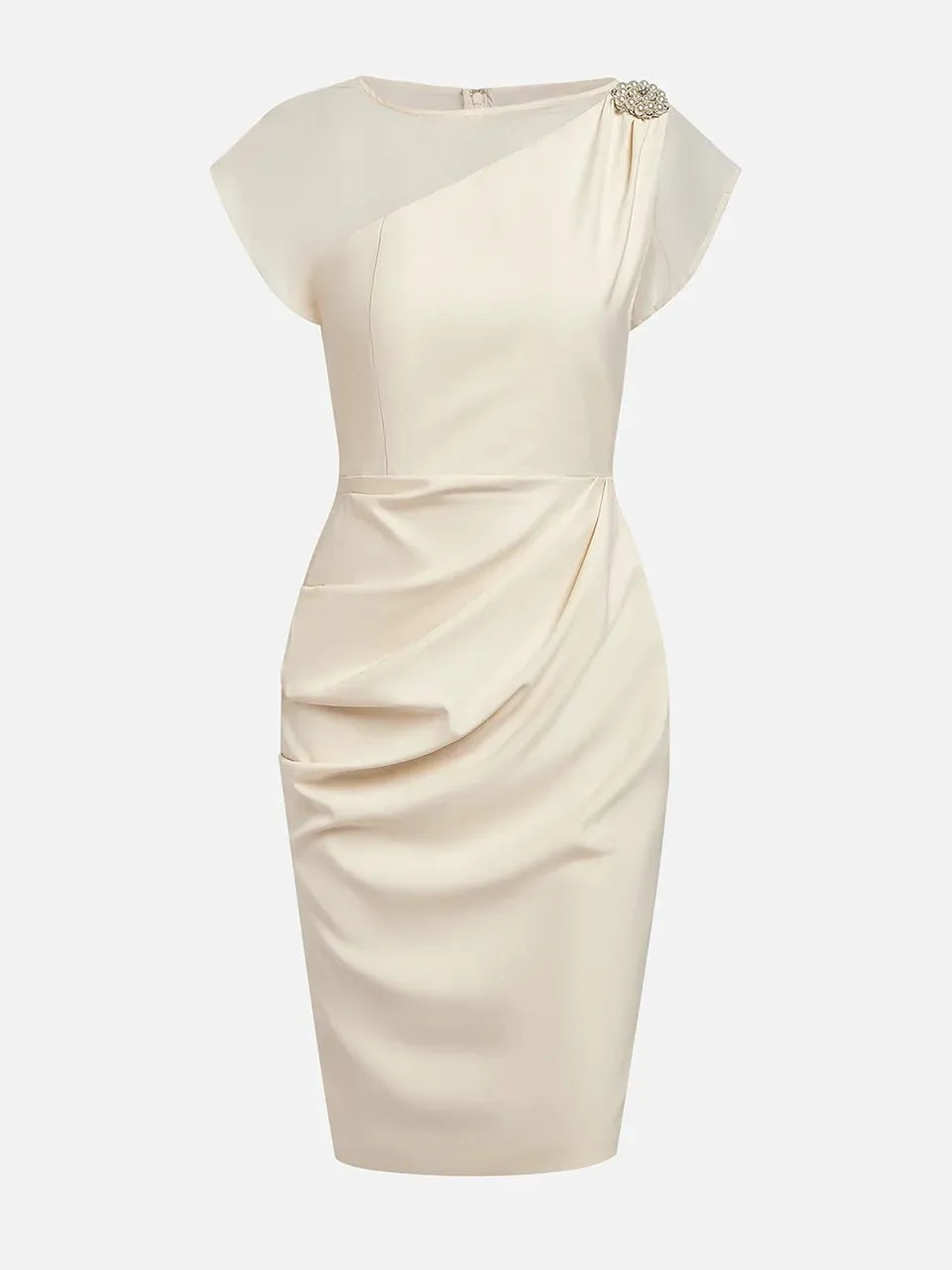 Robe midi fourreau blanche en satin avec col bateau, manches courtes et perles imitation