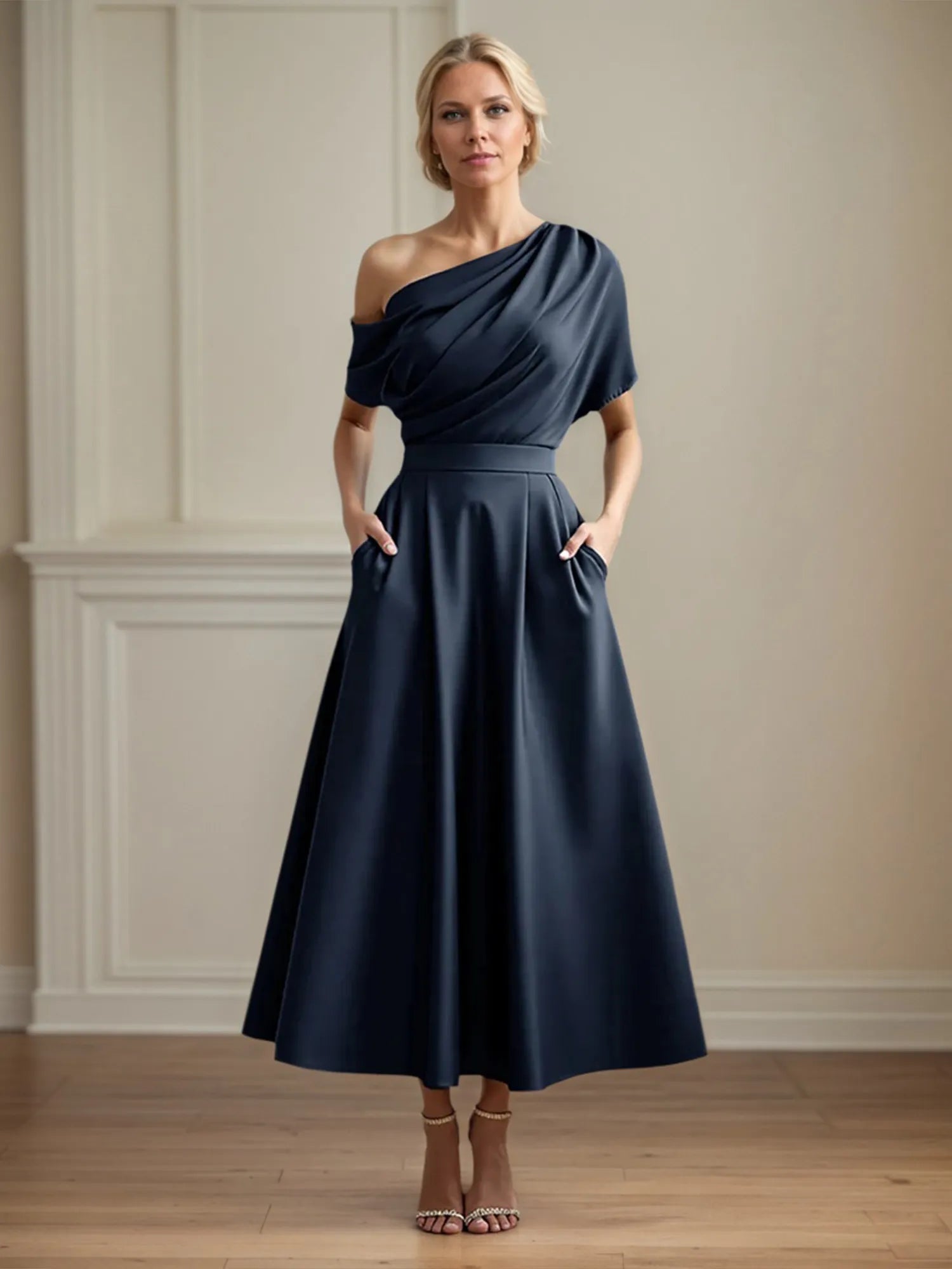 A Line Satin One Shoulder Pleated Ankle Length Mother of the Bride Dress