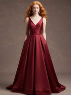 Robe de bal longue en satin bordeaux fourreau/colonne à col en V