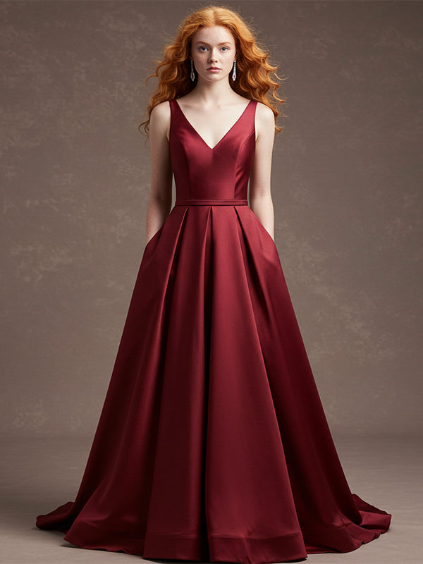 Robe de bal longue en satin bordeaux fourreau/colonne à col en V