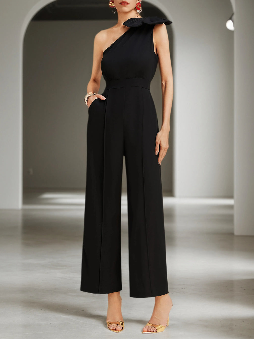 Black 3D Floral One Shoulder H-Line Jumpsuit